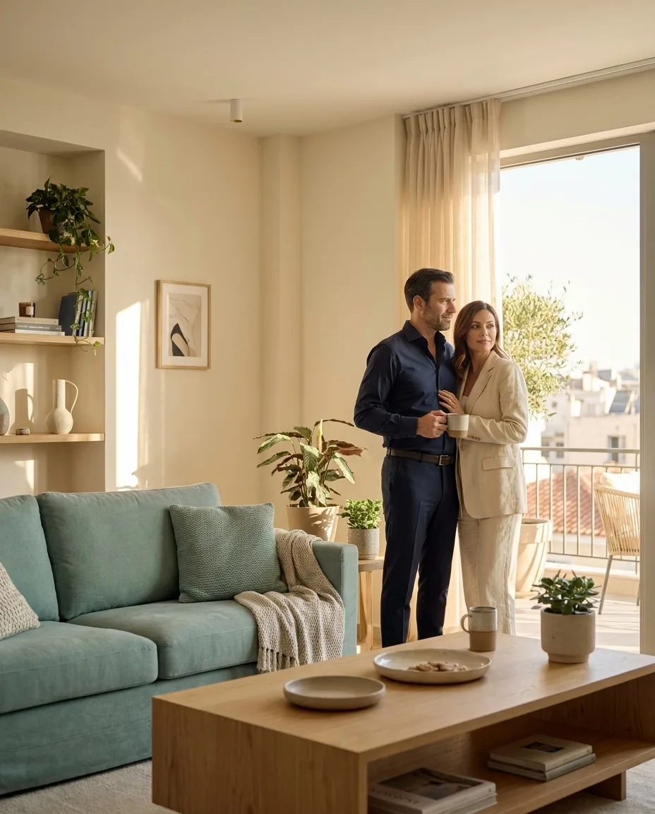 A couple standing on the balcony of their bright modern Athens apartment looking out over the city in warm afternoon light