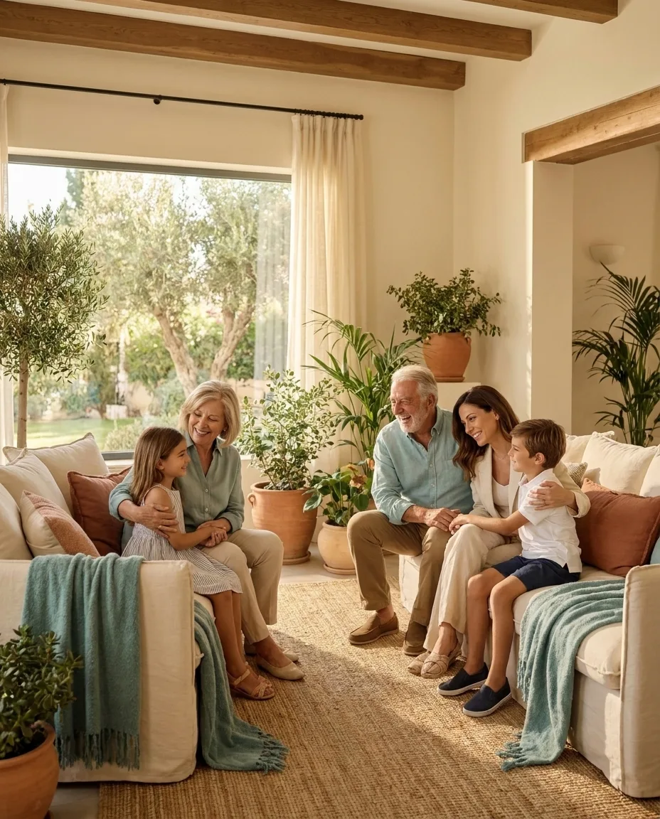 A multi-generational family of three generations together in a warm Mediterranean home, grandparents, parents and children, relaxed and happy
