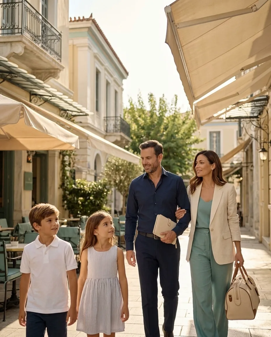 A family walking freely through a sunlit European city street with luggage, relaxed and unhurried, holding their residency documents
