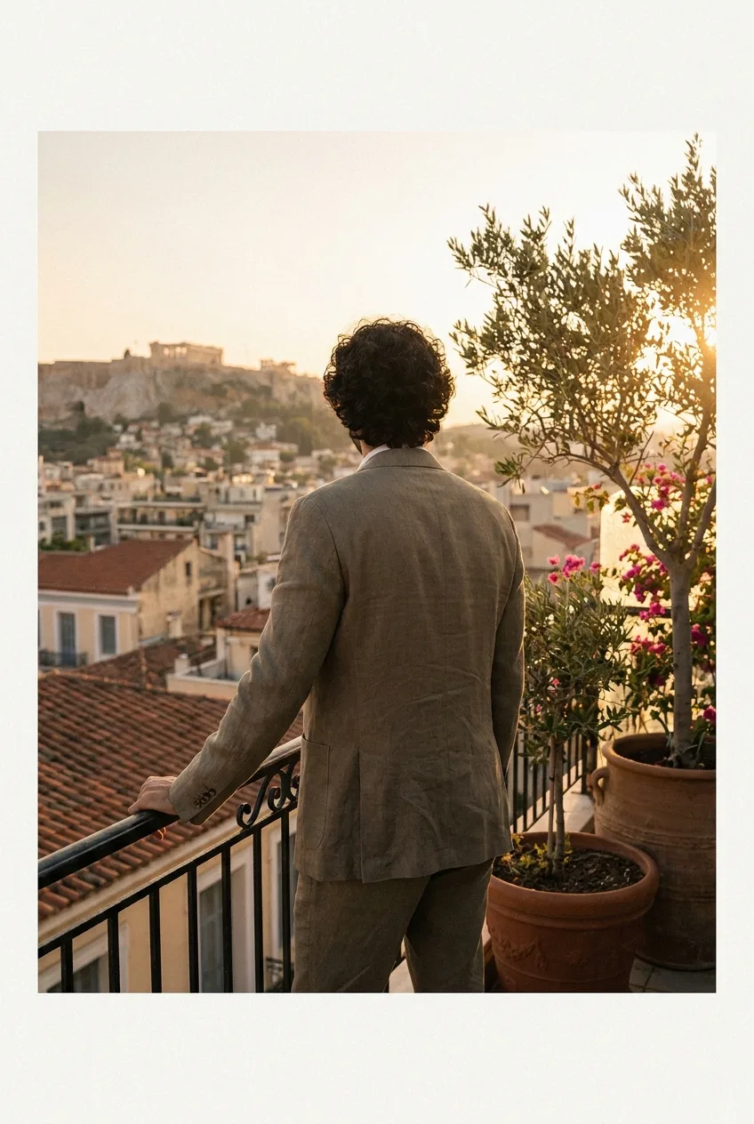 Someone standing on an Athens apartment balcony at golden hour looking out over the city toward the Acropolis