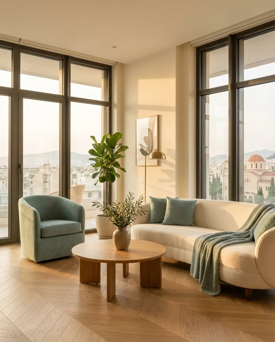 A bright, elegant modern apartment interior in Athens with warm natural light, the real asset a buyer owns through the Golden Visa